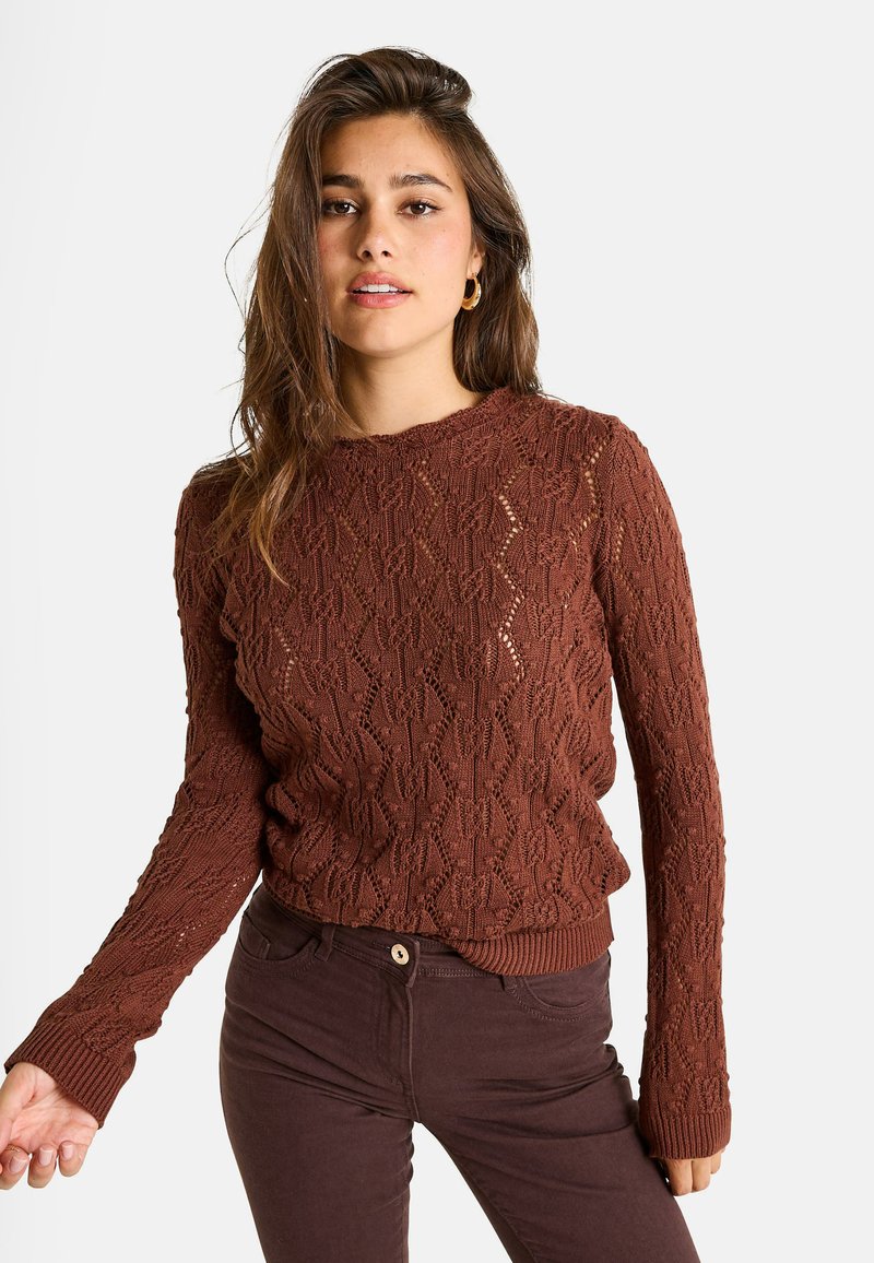 Pull en laine brun avec un motif en dentelle complexe, poignets et ourlet côtelés. Coupe ajustée, col rond, porté avec un pantalon brun foncé.