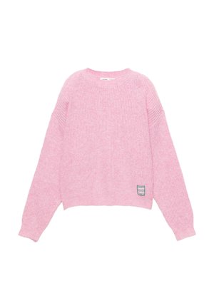 Pink knitted sweater with long sleeves, a round neckline, and a cropped design. Features a textured finish and a small label on the hem.