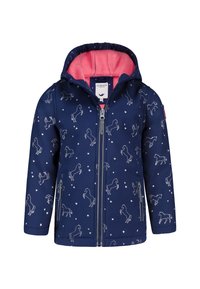 Navy children's jacket featuring a horse pattern in white, with pink fleece lining, a front zipper, and two side pockets.