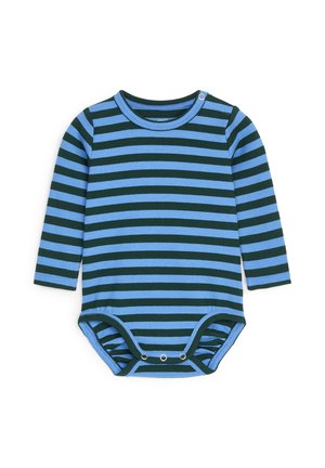 Body bébé à manches longues avec rayures horizontales bleues et vert foncé, boutons-pression à l'épaule et à l’entrejambe pour un habillage facile.