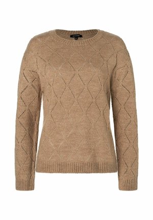 Knit sweater in light brown with a diamond pattern. Features a round neckline and ribbed cuffs, made from a soft, textured material.