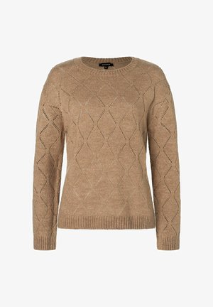 Pull en tricot couleur marron clair avec un motif en losange. Il a un col rond et des poignets côtelés, fabriqué à partir d'un matériau doux et texturé.