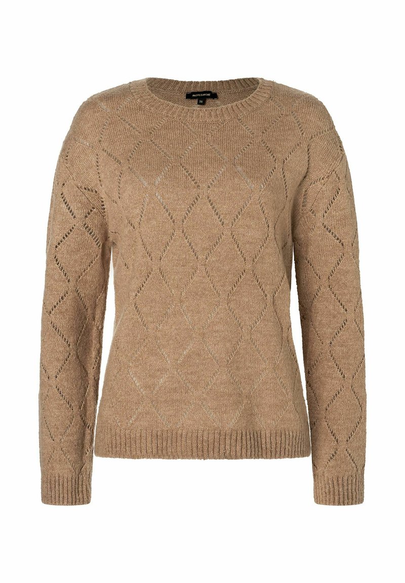 Strickpullover in hellbraun mit einem Rautenmuster. Verfügt über einen runden Ausschnitt und gerippte Bündchen, gefertigt aus einem weichen, strukturierten Material.
