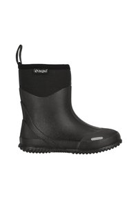 Musta vedenpitävä nilkkaboots, jossa on sileä kumipinta, kangasreunus, tekstuuripohja ja vetolenkki helppoa pukemista varten. Varustettu heijastavilla yksityiskohdilla.