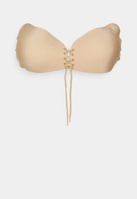 Haut de bikini sans bretelles beige avec une texture lisse, des bonnets rembourrés et un détail de lacet comportant une finestring pour le maintien.