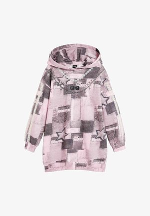 Vestito felpa con cappuccio rosa con patchwork e motivi a stelle, design stampato di catena e collana con ciliegie sul davanti.