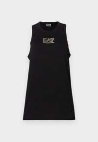 Melnā bez Piedurknēm T-kreklu ar apaļu kakla izgriezumu, izgatavots no gludas auduma, ar zelta EA7 logo priekšpusē un brīvu piegriezumu.