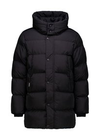 Schwarze Pufferjacke mit hohem Kragen, Knopfverschluss, gerippten Bündchen und gestepptem Design für Isolierung. Weiches, leichtes Material.