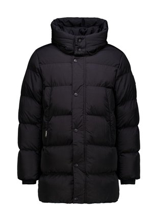 Chaqueta de plumas negra con cuello alto, con cierre de botones, puños acanalados y diseño acolchado para aislamiento. Material suave y ligero.