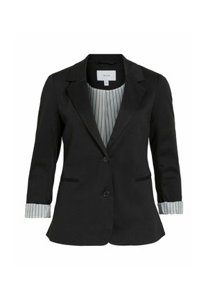 Blazer aderente nero con due bottoni, rever a punta, tasche frontali e maniche con bordi a righe arrotolate.