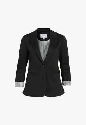 Black fitted blazer with two buttons, notched lapels, front pockets, and rolled-up striped lining sleeves.