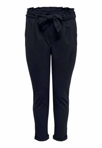 High-waist black tapered pants with a fabric belt tied in a bow, cuffed hems, and front pleats.
