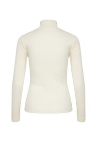 Long-sleeve, high-neck top in cream fabric. Smooth texture, fitted design, no visible patterns or accents, plain back view.