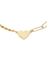 Gold-plated bracelet featuring a heart charm, a twisted chain design, and connecting hardware with an open link style.
