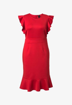 Rotes Kleid mit Rüschensleeves, tailliertem Oberteil und schwingendem Saum. Aus glattem Stoff hergestellt, mit einem verdeckten Reißverschluss auf der Rückseite und ohne sichtbare Muster.