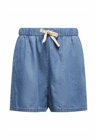 Denim kratke hlače v svetlo modri barvi z elastičnim pasom in kremnim vezalko. Imajo gladko teksturo in sproščen kroj.