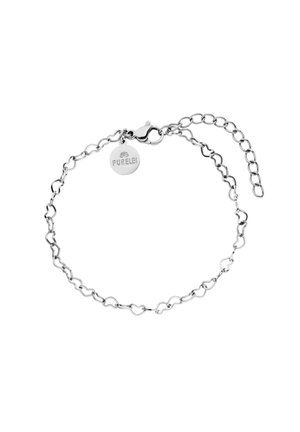 Silberarmband mit kleinen herzförmigen Gliedern, Karabinerverschluss, Verlängerungskette und rundem Anhänger mit Gravur "PURELEI".