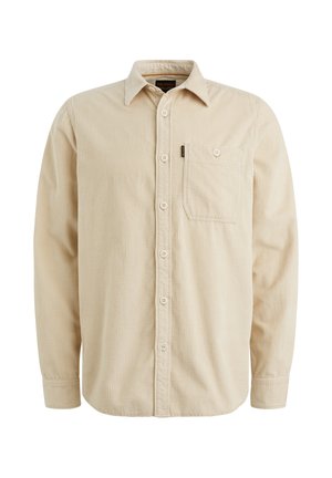 Beige corduroy overhemd met lange mouwen, knoopsluiting aan de voorkant, enkele borstzak, subtiele verticale ribbels en een klassieke kraagontwerp.