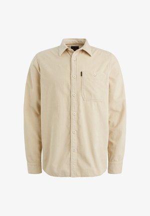 Camicia di velluto a coste beige con maniche lunghe, apertura con bottoni frontale, taschino sul petto, delicata rigatura verticale e colletto classico.