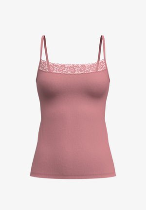 Roze camisole van zachte stof, met dunne bandjes en een kantafwerking langs de halslijn. Gladde textuur met een aansluitend ontwerp.