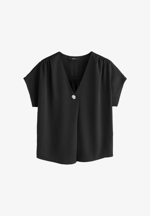 Top negru cu mâneci scurte, design cu decolteu în V, croială largă, detaliu adunat în partea din spate și un nasture decorativ în față.