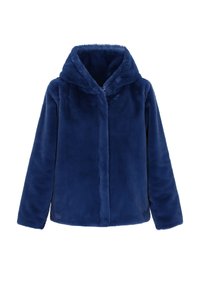 Giacca in pelliccia sintetica blu navy con cappuccio, dotata di zip frontale, texture morbida e maniche lunghe. Il design è casual e confortevole.
