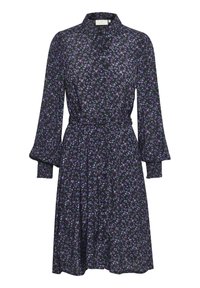 Abito nero con un motivo floreale in viola e verde, dotato di colletto, maniche a campana lunghe, chiusura con bottoni e vita con fiocco.