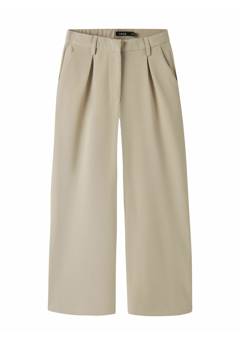 Béžové kalhoty s širokými nohavicemi, záhyby vpředu, boční kapsy, hladká textura a volný střih. Čisté zakončení na lemech.