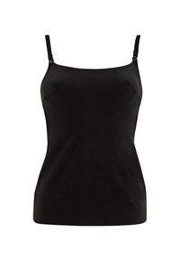 Black ribbed camisole with adjustable spaghetti straps, fitted design, smooth texture, and no additional patterns or accents.