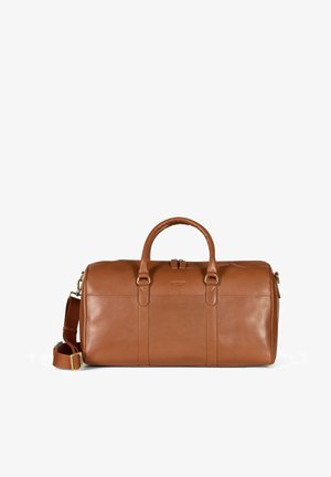 Braune Leder-Duffle Bag mit zwei Griffen, einem abnehmbaren Schultergurt und einer glatten Textur. Mit goldfarbenen Beschlägen und Reißverschluss.