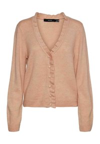 Weicher, rosa gestrickter Cardigan mit langen Ärmeln, V-Ausschnitt, Rüschensaum und mit Stoff überzogenen Knöpfen an der Vorderseite.