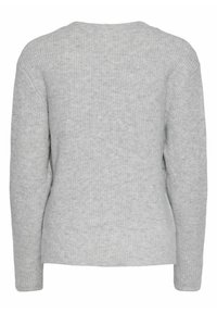 Grå ribbad stickad tröja, rundhalsad, långa ärmar, mjuk textur, inga synliga dekorationer, enkel design, oprydd baksida.