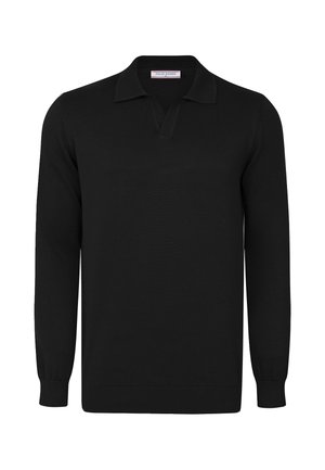 Pull noir à manches longues en tricot avec col et patte de boutonnage en V, poignets et ourlet côtelés, étiquette de marque Felix Hardy à l’intérieur du col.