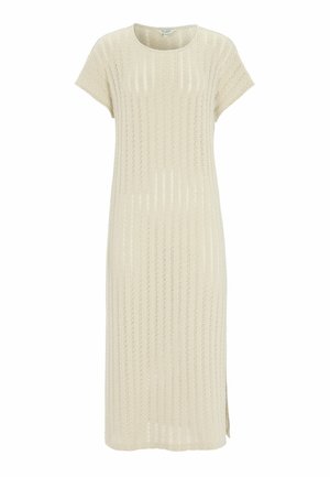 Beige knælængde kortærmet strikket kjole med lodret ribmønster og sidespræt.