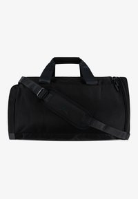 Bolsa de duffle negra con dos asas y una correa ajustable. Fabricada con tela duradera, cuenta con un cierre de cremallera y acentos de logo en relieve.