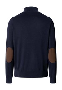 Tmavě modrý svetr s dlouhým rukávem, hnědými nášivkami na loktech, žebrovanými manžetami a vysokým límcem, zobrazený zezadu.