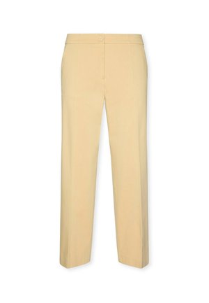 Beżowe, dopasowane spodnie z przodem zapinanym na guzik i zamek błyskawiczny, o prostych nogawkach i starannym wykończeniu.