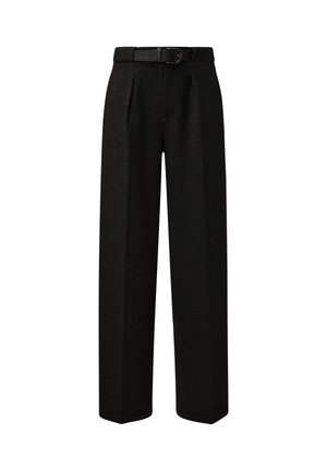 Black wide-leg trousers made of textured fabric, featuring front pleats and a black belt with a metallic buckle.