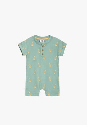 Svijetlozeleni kratki rukav romper s rebrastom teksturom, ukrašen žutim uzorcima žirafa i tri smeđe gumba na vratu.