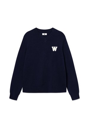 Marineblauer V-Ausschnitt-Pullover mit langen Ärmeln und einem weißen "W" Logo auf der linken Brustseite.