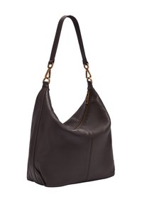 Borsa a spalla in pelle marrone con forma hobo, dotata di chiusura con zip e tracolla piatta regolabile. Gli accessori in metallo dorato accentuano il design.