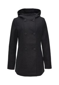Schwarzer doppelt knöpfbarer Mantel mit Kapuze, aus strukturiertem Stoff, verfügt über sechs Knöpfe und seitliche Taschen für zusätzlichen Detail.