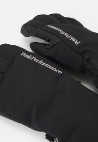 Guanti isolati neri con una texture liscia e polsini elastici, caratterizzati dal logo "PeakPerformance" in ricamo argentato.