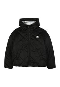 Czarna pikowana kurtka puchowa z kapturem, z metaliczną podszewką i małym logo na piersi. Zapięcie na zamek i kieszenie boczne.