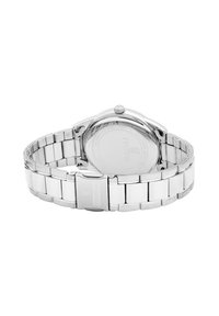 Silberne Edelstahl-Uhr mit polierter Oberfläche, runde Gehäuseform, Gliederarmband und graviertem Gehäuseboden. Mit einer Faltschließe.