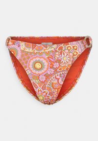 Swim bikini bottom featuring a floral pattern in pink, orange, and green, with a solid red interior and side hardware accents.
