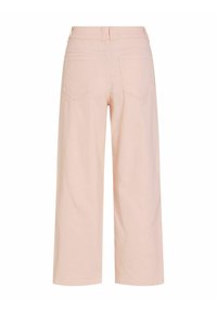 Pantalon large rose clair avec poches arrière, passants de ceinture et taille haute, vu de dos sur un fond blanc.