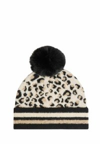 Cappello invernale lavorato a maglia con stampa leopardata beige e nera, polsino a strisce nere e beige, e grande pom-pom nero sulla cima.