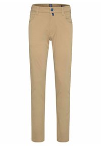 Beige Baumwollhosen mit schmalem Schnitt, ausgestattet mit einem blauen Knopf, vier Taschen und einer glatten Textur.