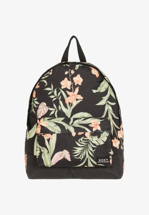 Floral backpack with a black background, featuring light green leaves and orange flowers. Includes a front pocket and a top handle.